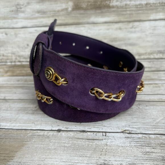 VTG Loring & Paige Suede Belt Sz ML Purple Gold Chunky Chainlink Adjustable 80s - Picture 3 of 12
